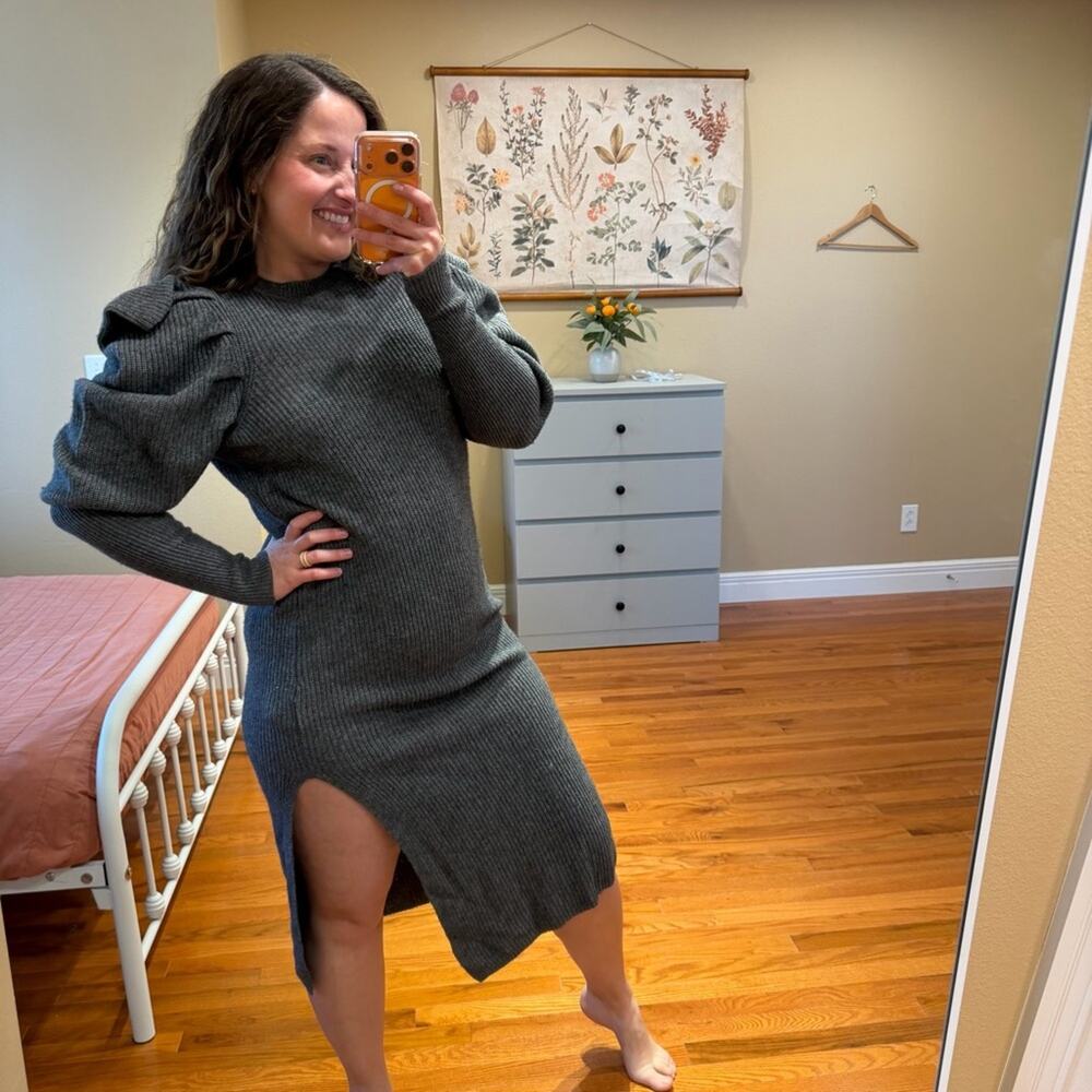 Ted Baker London Charcoal Gray Ribbed Puff Sleeve Sweater MIDI Dress 1 Small